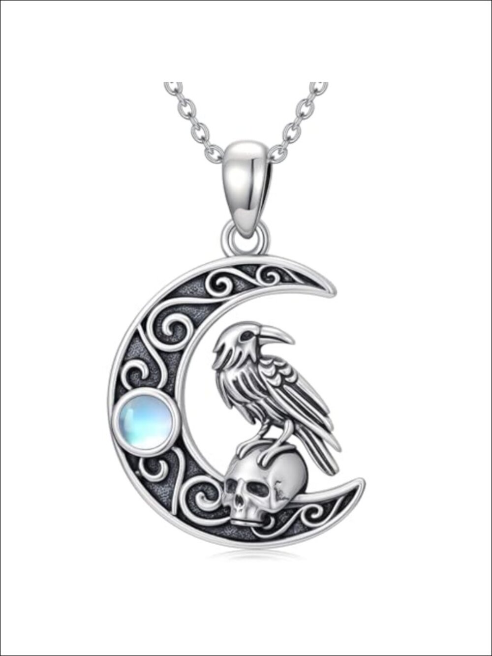 925 Sterling Silver Raven Skull Pendant Necklace Gothic Pagan Jewelry